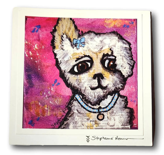 Colorful mixed media painting of a white dog with a blue bow and collar on vibrant pink background