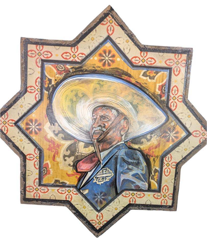 Old Charro Acrylic Painting on 14"x14" Wooden Star 17x17x1 inches - Ysleta Mission Gift Shop