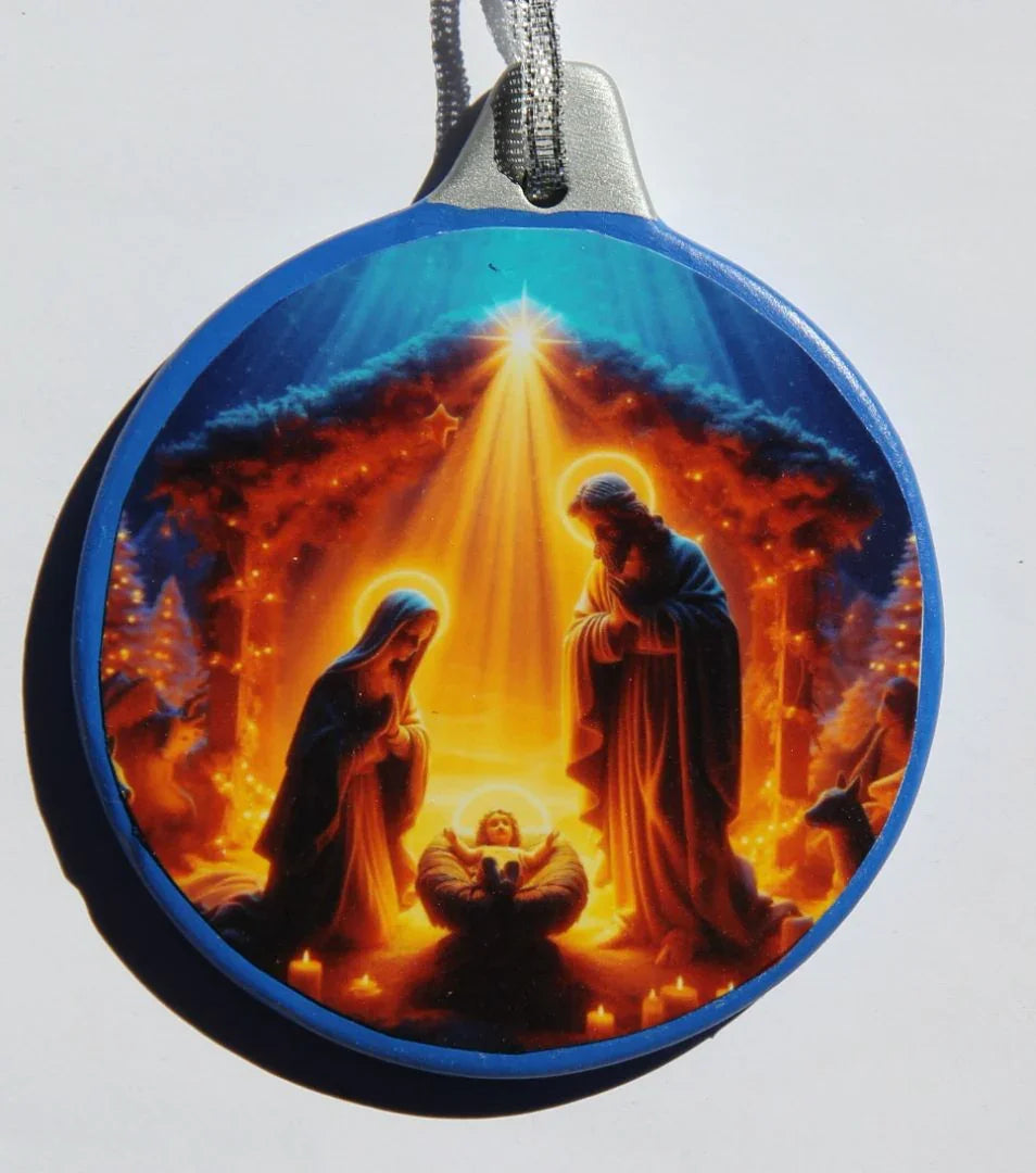 Ceramic nativity scene ornament by Miguel Martinez, 3.26 x 3.81 inches, holiday Christmas decoration for seasonal decor.