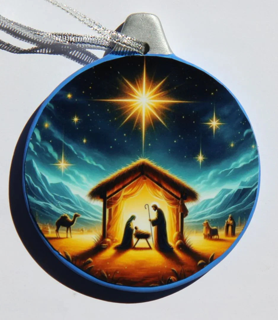 Ceramic nativity scene ornament with star, Miguel Martinez, measuring 3.26 x 3.81 inches, holiday Christmas decoration.