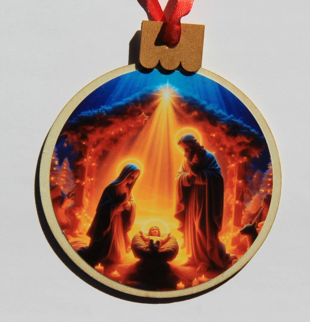 Wood round Nativity Scene ornament by Miguel Martinez, Christmas holiday decoration, featuring detailed nativity figures.