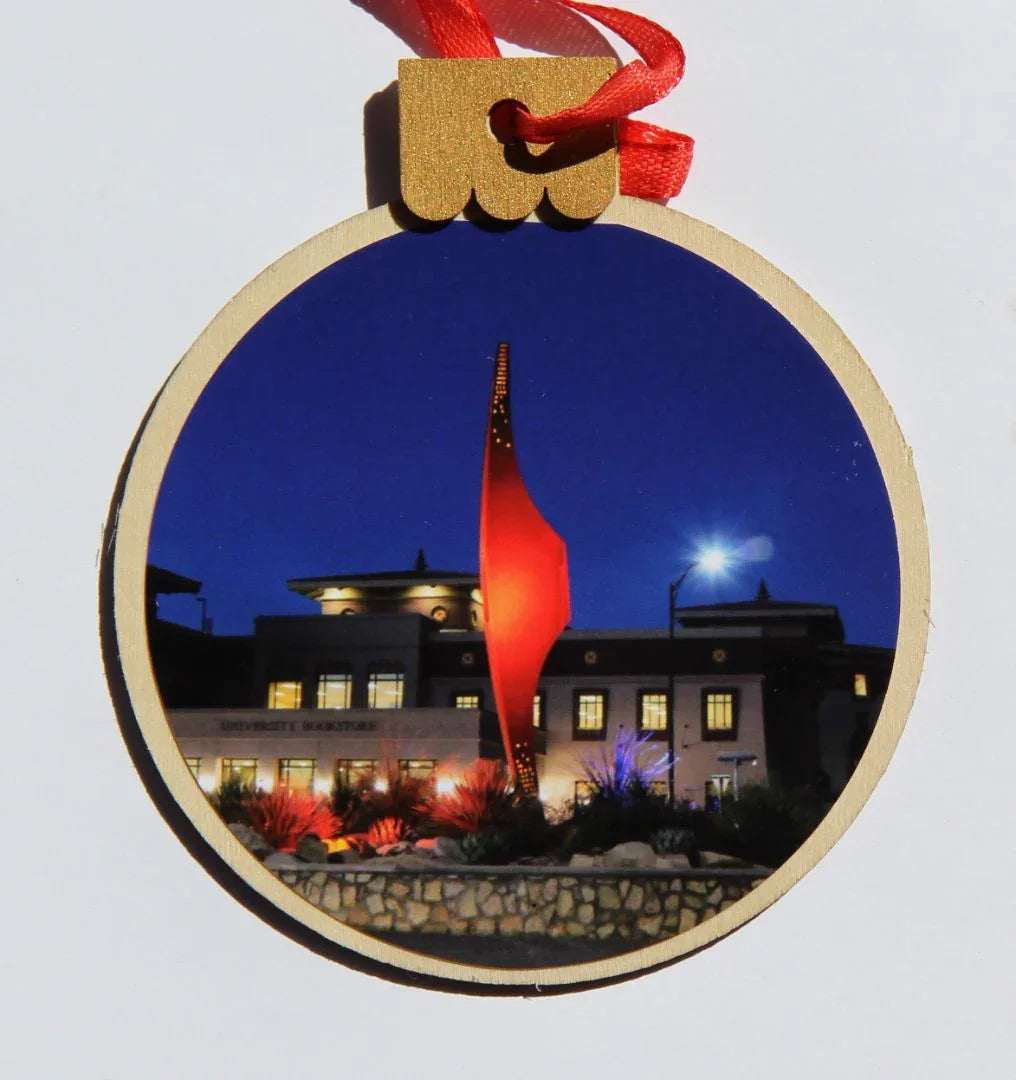 Wooden Utep Pik W Building Christmas ornament by Miguel Martinez, round shape, 3.77 x 4.29 inches, festive holiday decoration