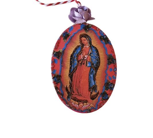 Ornament Virgin Mary Wood Oval 3x2 - Ysleta Mission Gift Shop