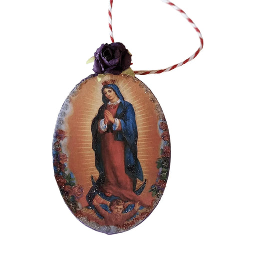 Ornament Virgin Mary Wood Oval 3x2 - Ysleta Mission Gift Shop