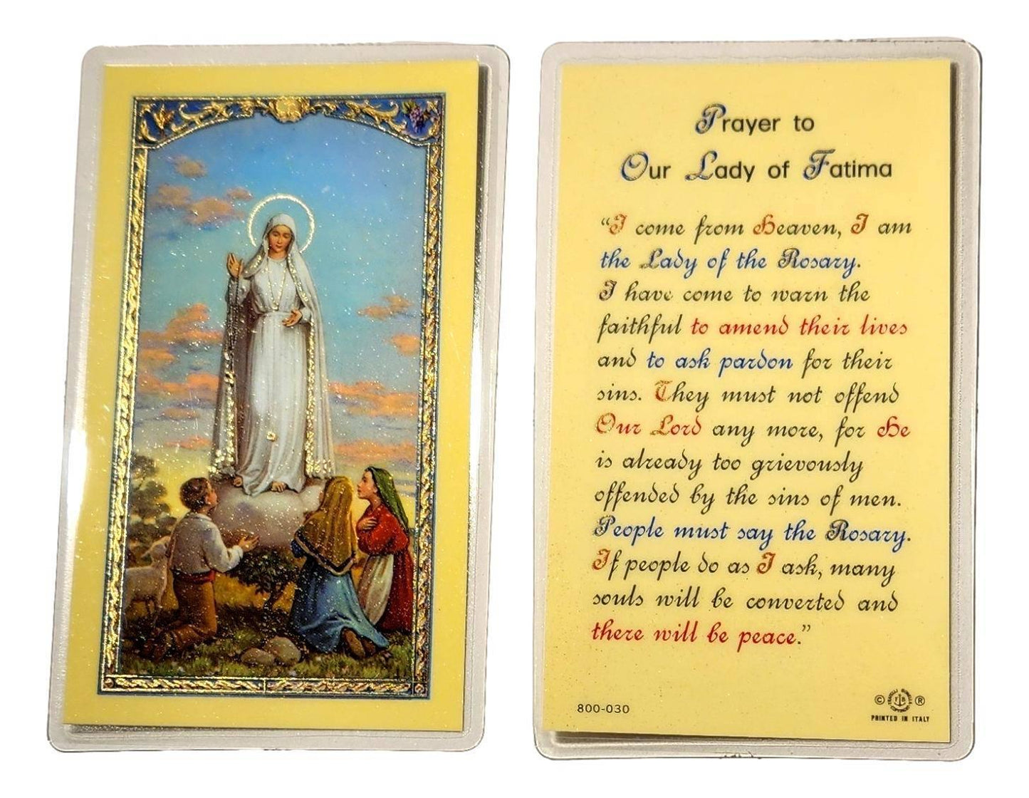 Our Lady of Fatima Prayer Card – "I Come From Heaven, I Am The Lady Of The Rosary" - Ysleta Mission Gift Shop