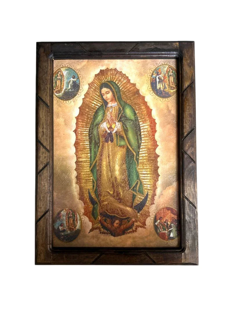 Our Lady of Guadalupe religious print with wooden frame, Mexican accent artwork, 13 x 17.5 inches, Catholic Christian decor.