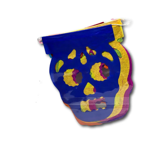 Mini Papel Picado banner with assorted handcut skull designs, colorful Mexican seasonal and holiday party decoration.