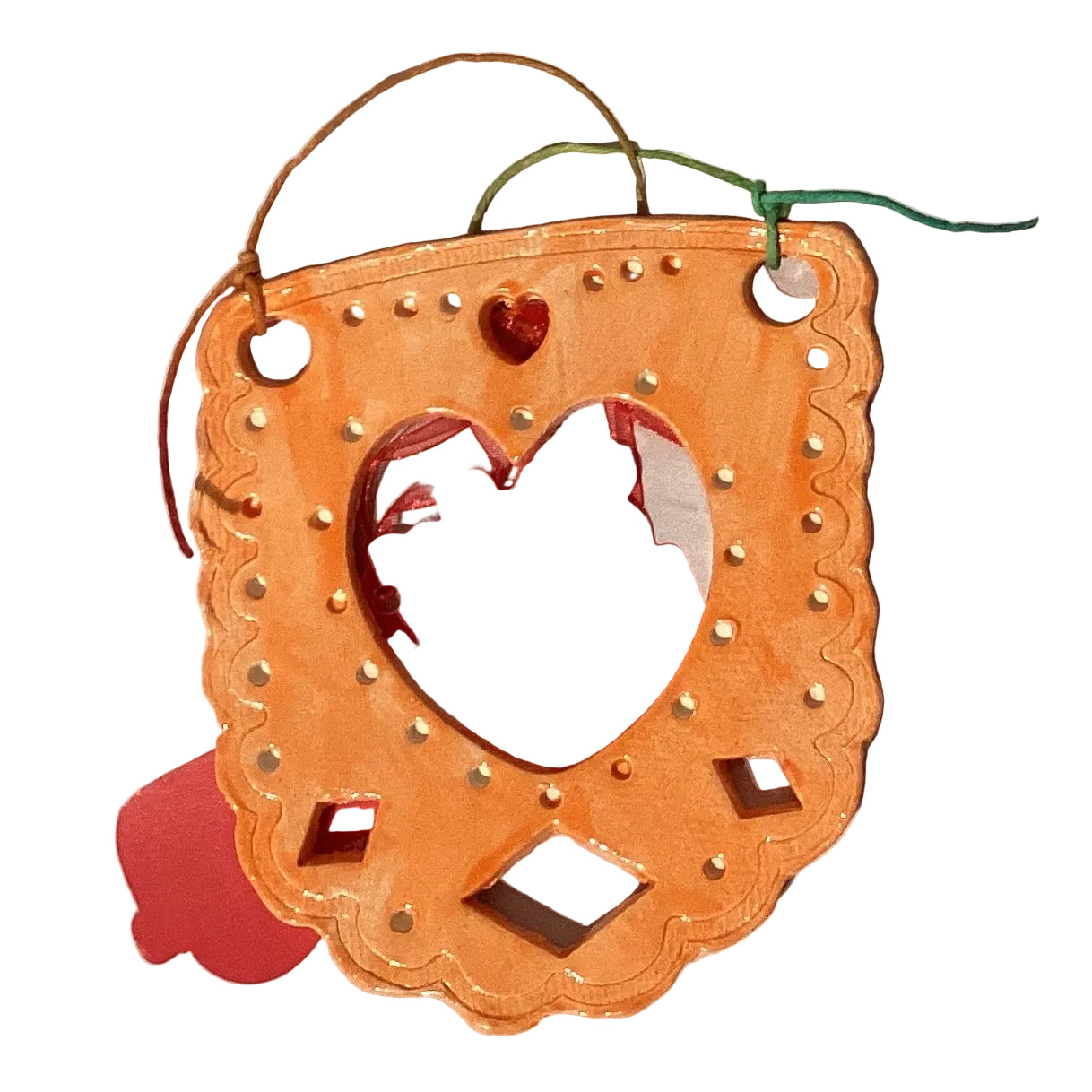 Orange ceramic Papel Picado style ornament by Lorena Williams, decorative home and garden Mexican-inspired wall decor.