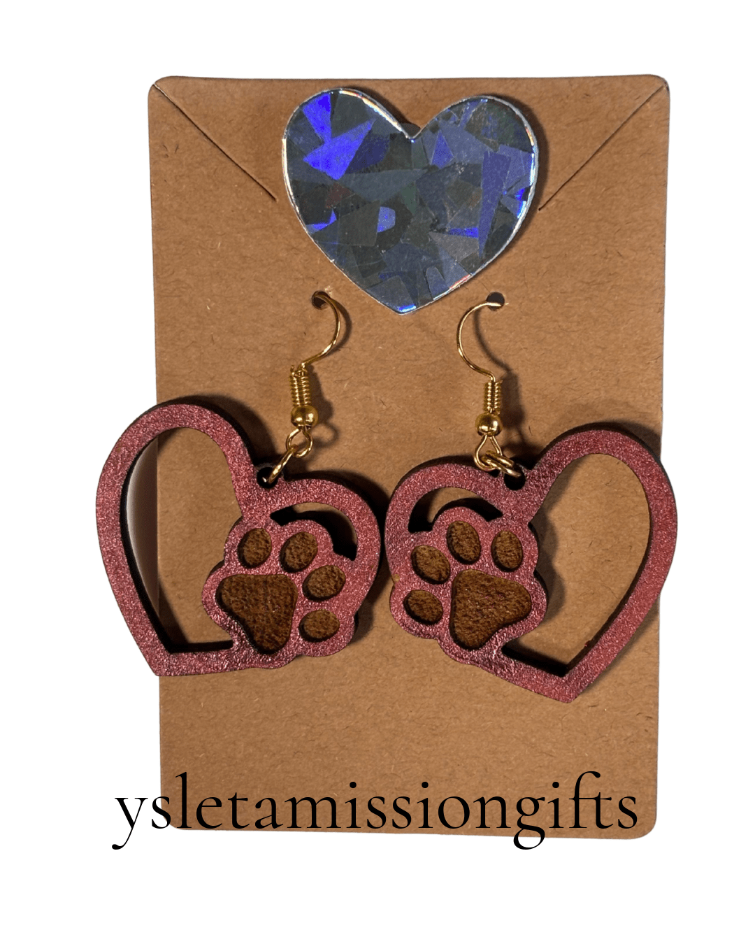 Red laser-cut wood dangle earrings with paw print and heart design, crafted by Norma Cordova De Schaefer.