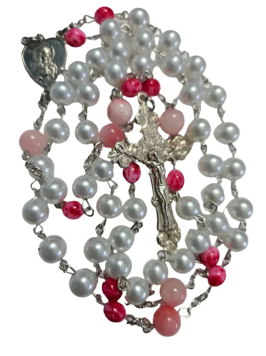 Breathtaking Sensory Rosary with White Pearl & Red Beads 4X4 - Ysleta Mission Gift Shop