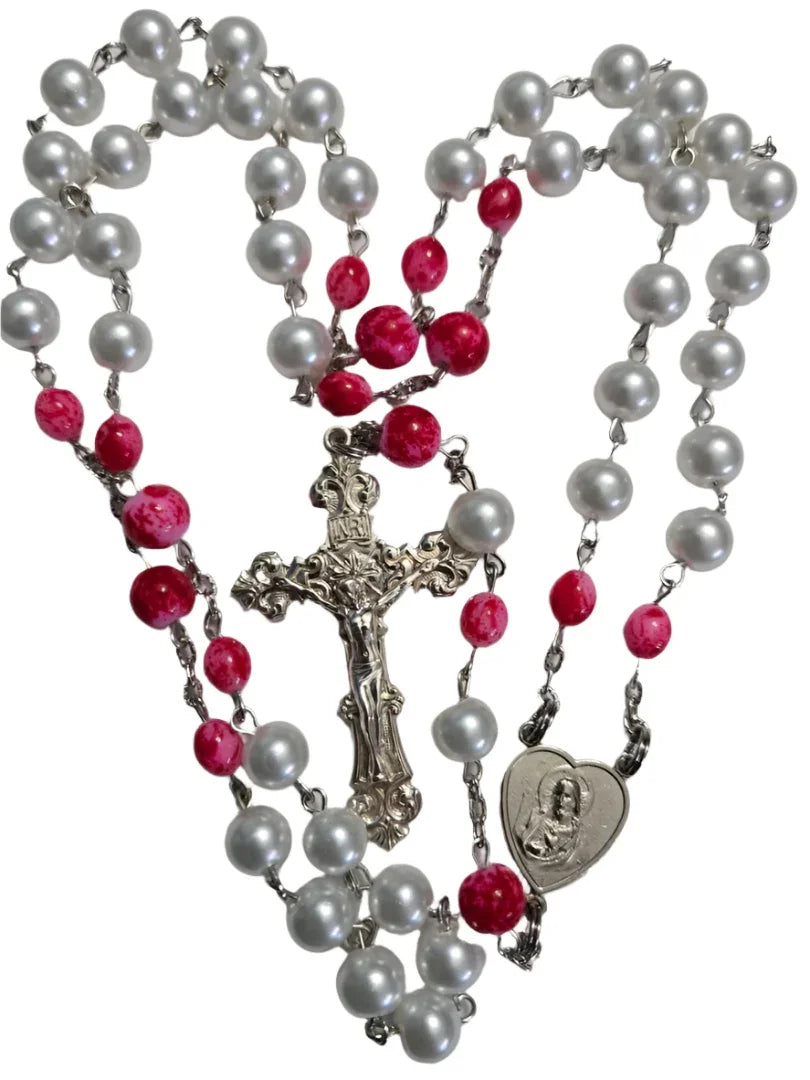 Red & Pearl Glass Rosary for Enhanced Prayer Experience 4X4 - Ysleta Mission Gift Shop
