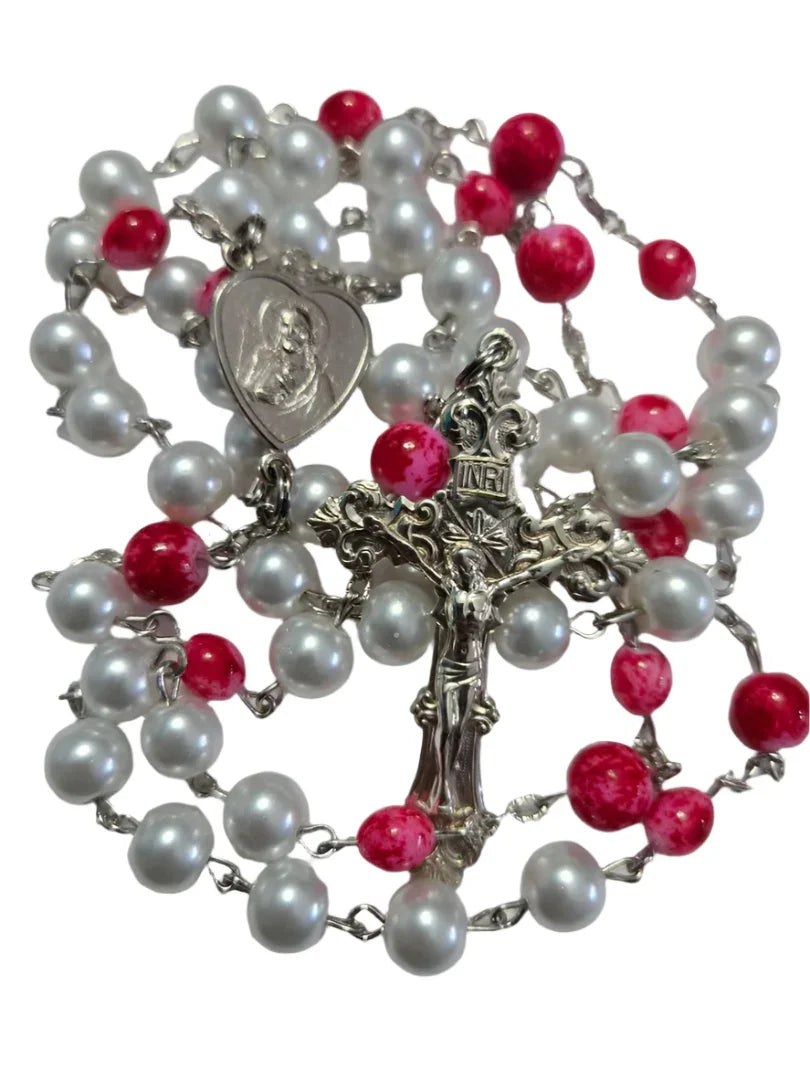 Red & Pearl Glass Rosary for Enhanced Prayer Experience 4X4 - Ysleta Mission Gift Shop