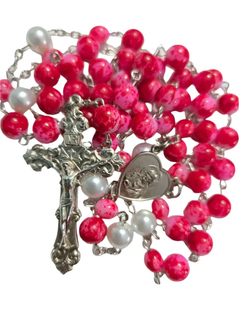 Handmade Sterling Silver Rosary with Red Glass Beads & Blessed Hearts 4X4 - Ysleta Mission Gift Shop