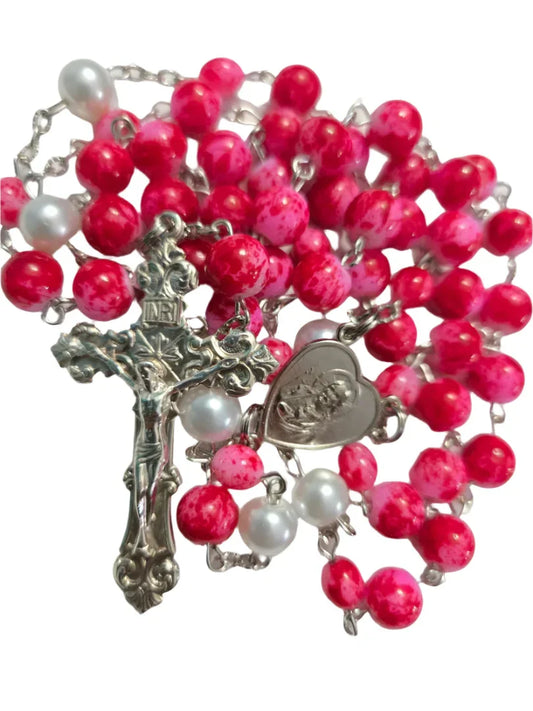 Handmade Sterling Silver Rosary with Red Glass Beads & Blessed Hearts 4X4 - Ysleta Mission Gift Shop