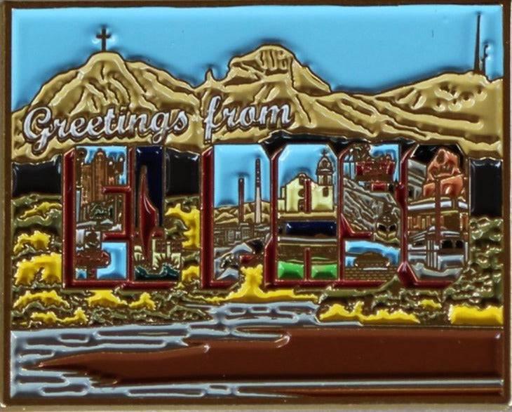 Pin El Paso Postcard Die Struck Soft Enamel 1.25" - Ysleta Mission Gift Shop