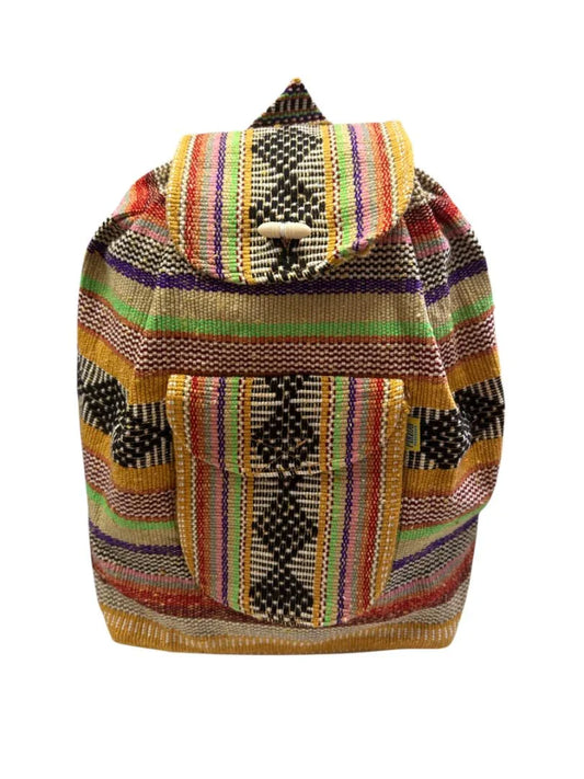 Handcrafted Rasta-inspired artisan backpack with vibrant woven patterns, featuring adjustable straps and traditional rasta design details.