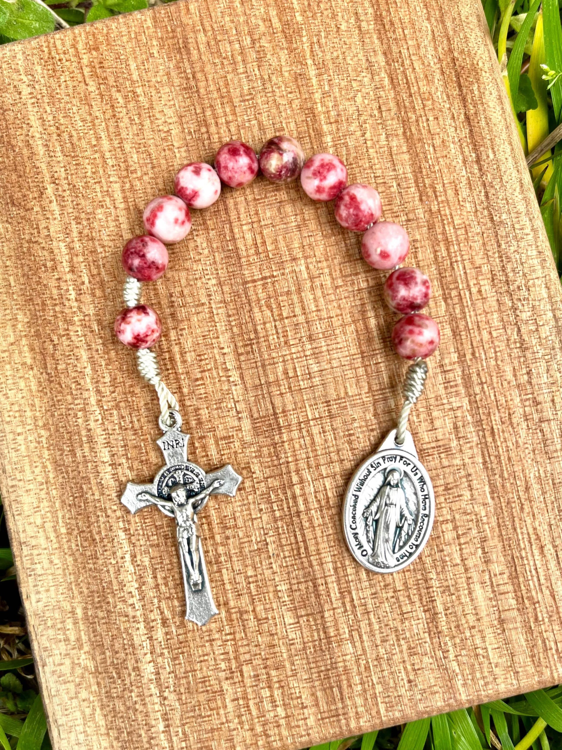 Pocket Rosary One Decade Catholic Stone Beads Pink Crazy Agate Miraculous Medal Saint Benedict Crucifix - Ysleta Mission Gift Shop