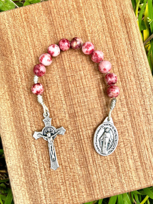 Pocket Rosary One Decade Catholic Stone Beads Pink Crazy Agate Miraculous Medal Saint Benedict Crucifix - Ysleta Mission Gift Shop