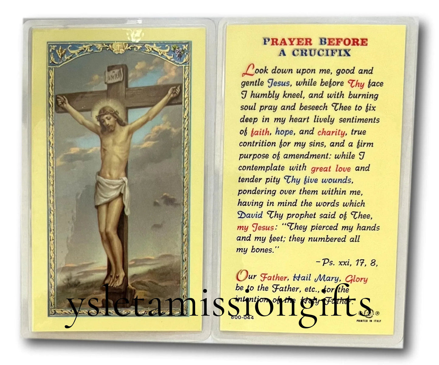 Laminated Catholic prayer card featuring Christ on the crucifix for reflection on Christ’s Passion, from Ysleta Mission Gift Shop.