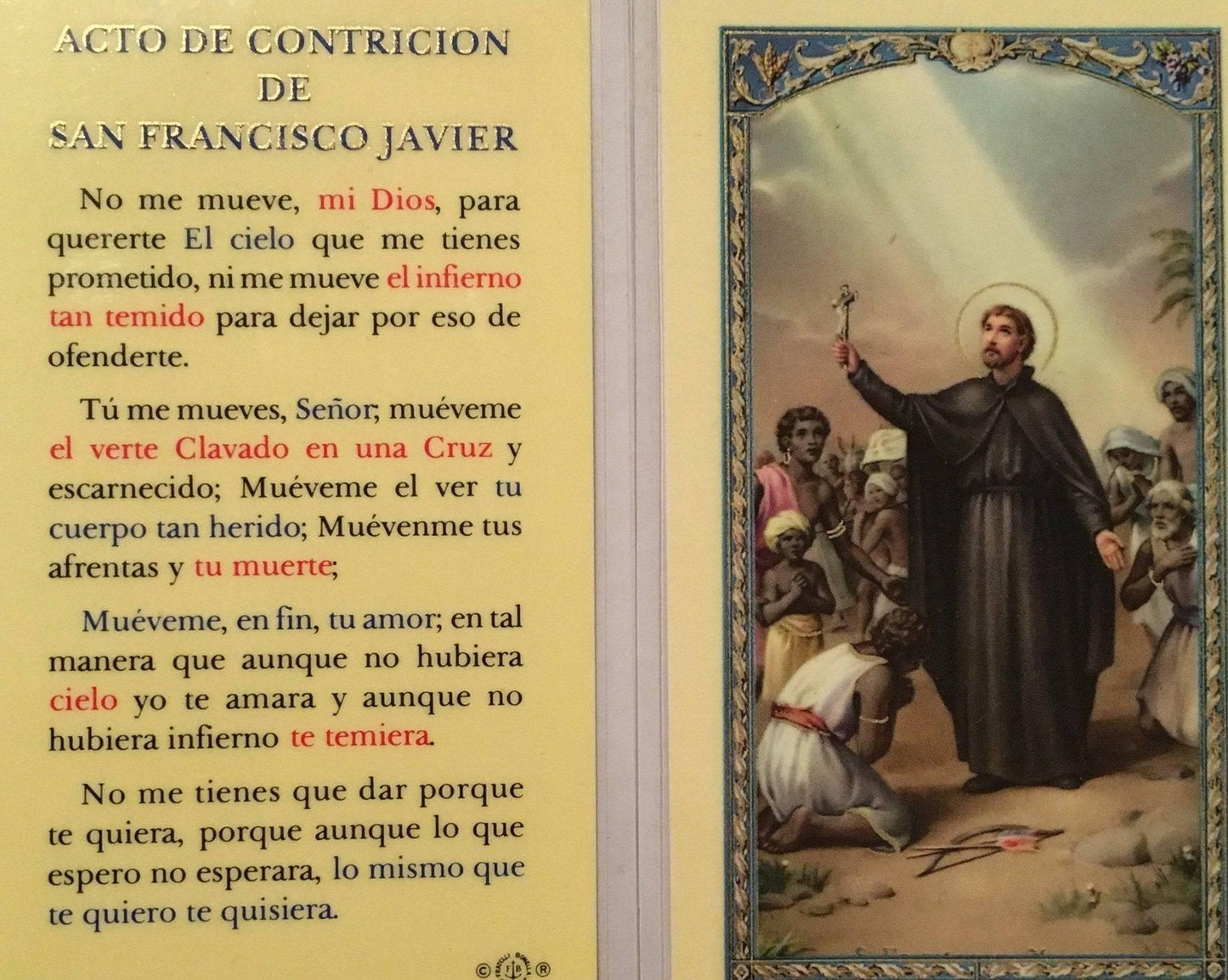 Prayer Card Acto De Contricion De San Francisco Javier SPANISH Laminated - Ysleta Mission Gift Shop