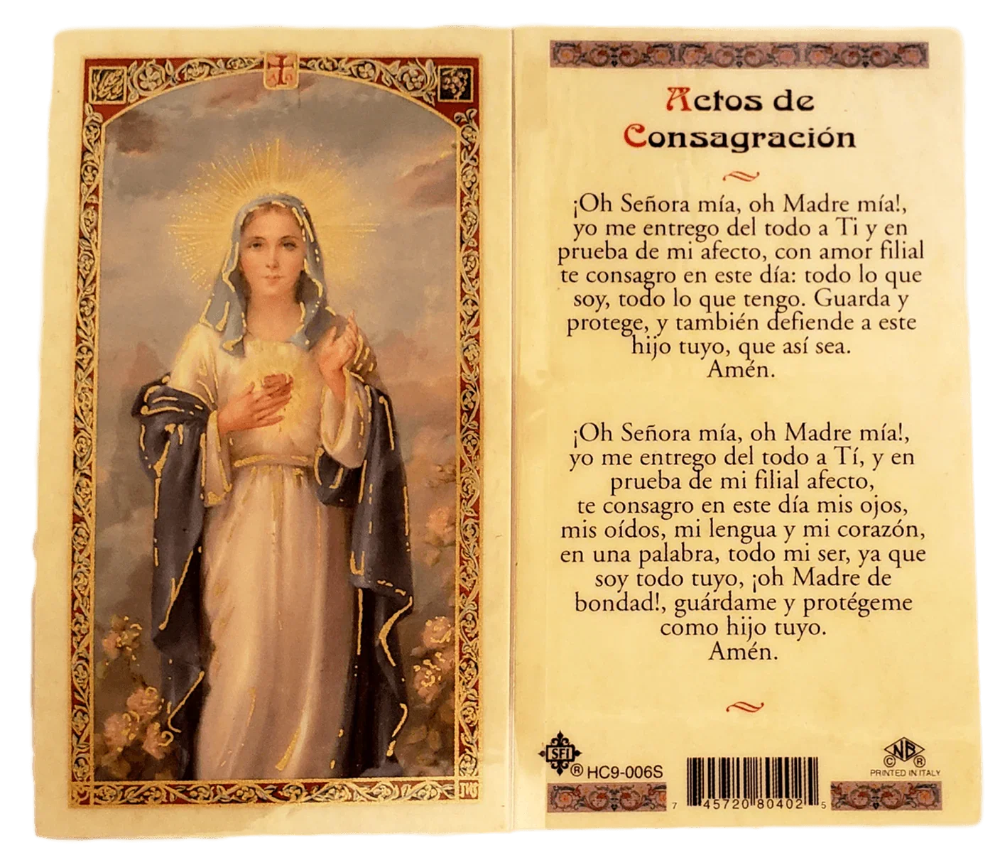 Prayer Card Actos De Consagracion SPANISH Laminated HC9-006S - Ysleta Mission Gift Shop