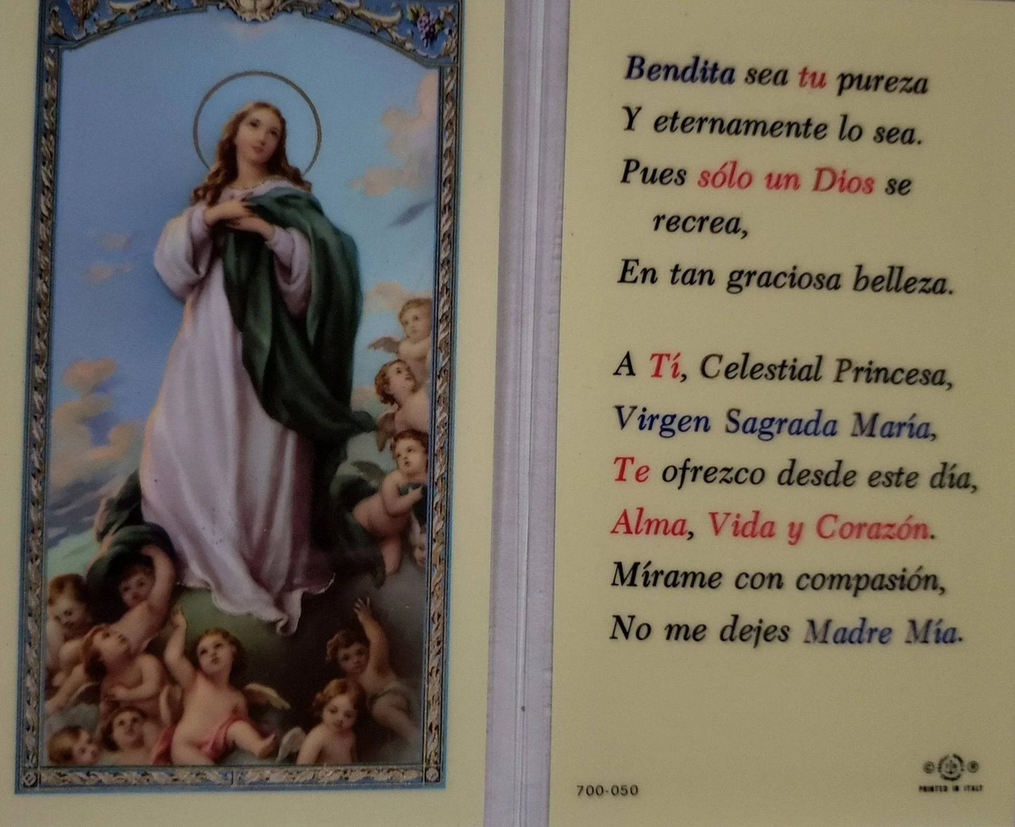 Prayer Card Bendita Sea Tu Pureza SPANISH Laminated - Ysleta Mission Gift Shop