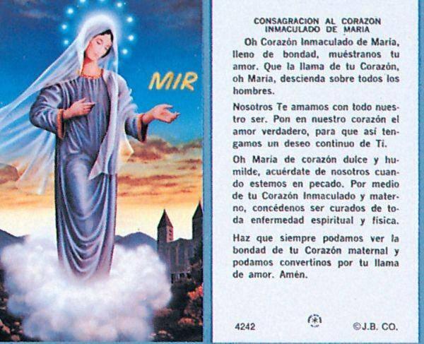 Prayer Card Consagracion Al Corazon Inmaculado De Maria SPANISH Laminated - Ysleta Mission Gift Shop
