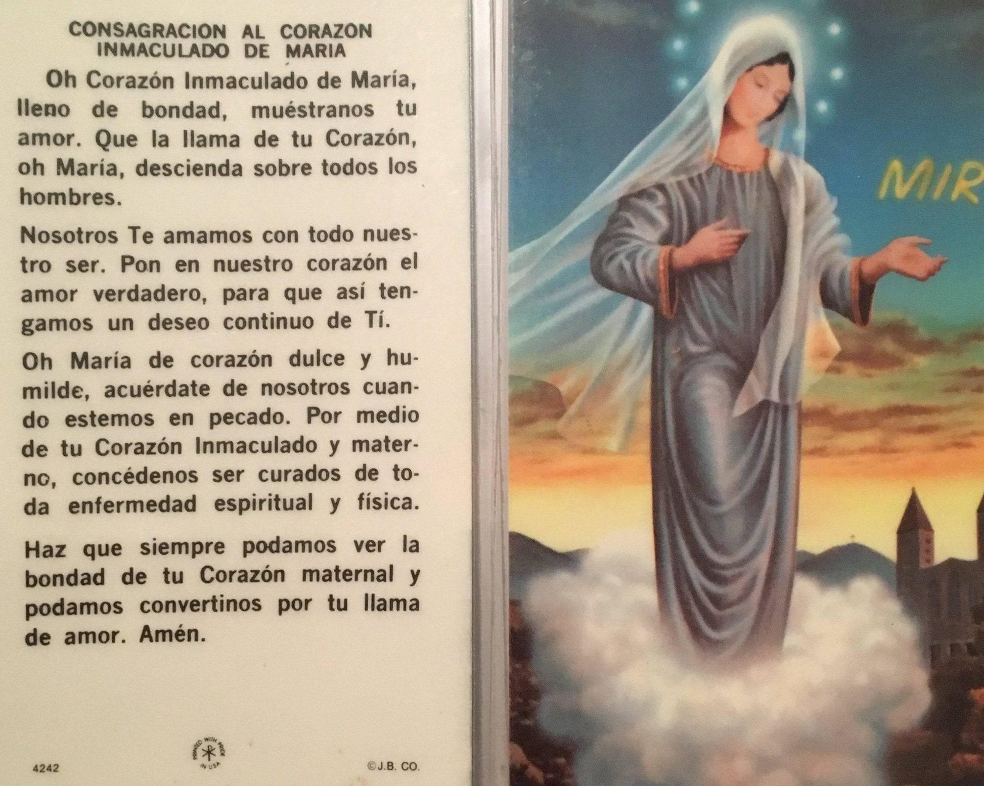 Prayer Card Consagracion Al Corazon Inmaculado De Maria SPANISH No Laminated - Ysleta Mission Gift Shop
