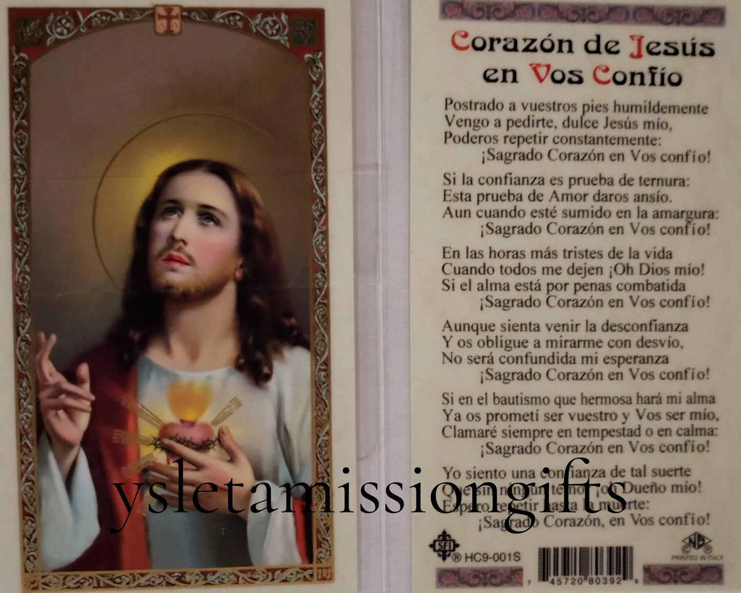 Laminated Spanish prayer card of Corazon de Jesus from Ysleta Mission Gift Shop, featuring religious imagery and prayer text.