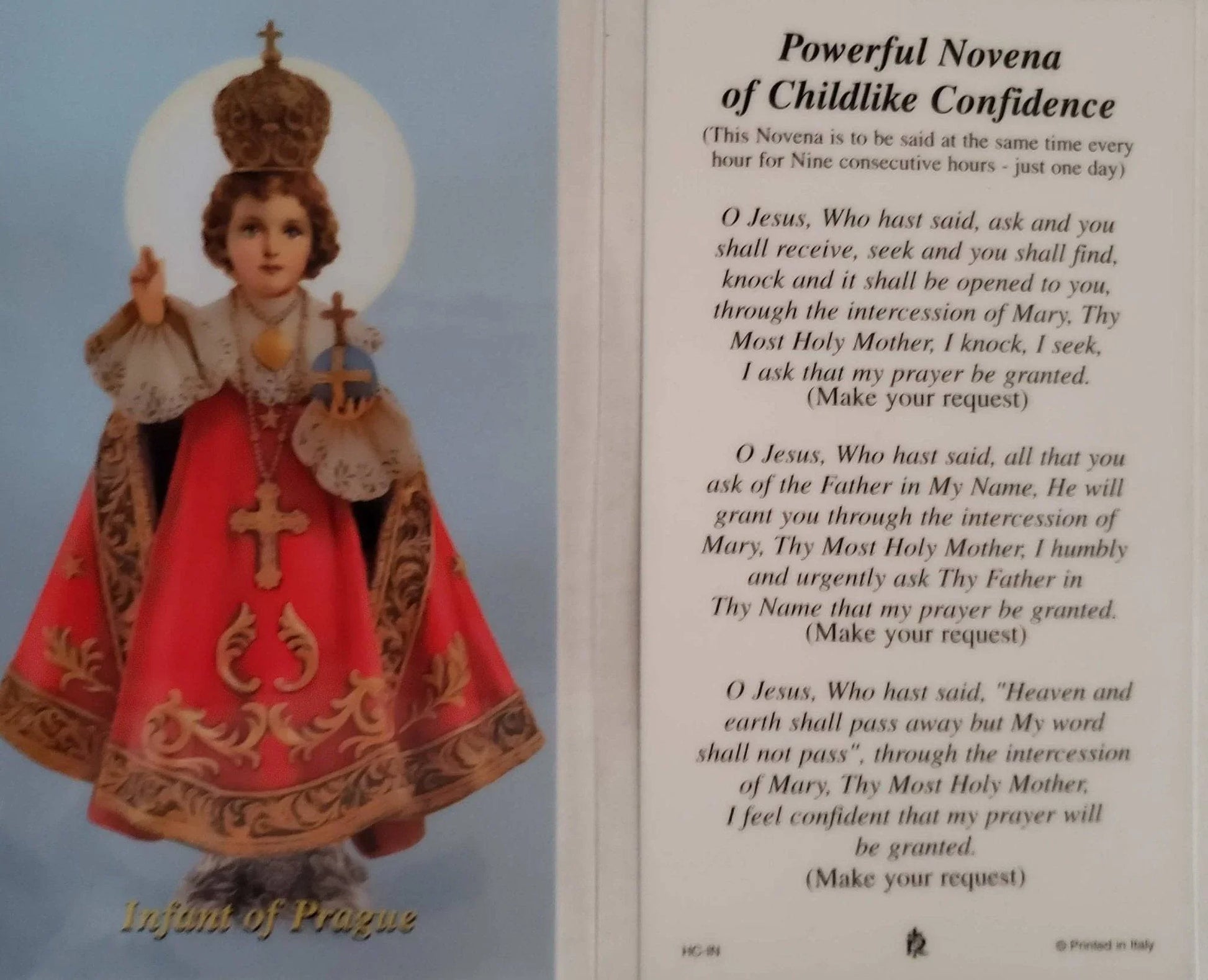 Prayer Card Infant Of Prague Powerful Novena Of Childlike Confidence Laminated HC-IN - Ysleta Mission Gift Shop