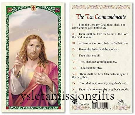 Laminated Catholic prayer card featuring Jesus blessing and the Ten Commandments, designed for Christian devotion.