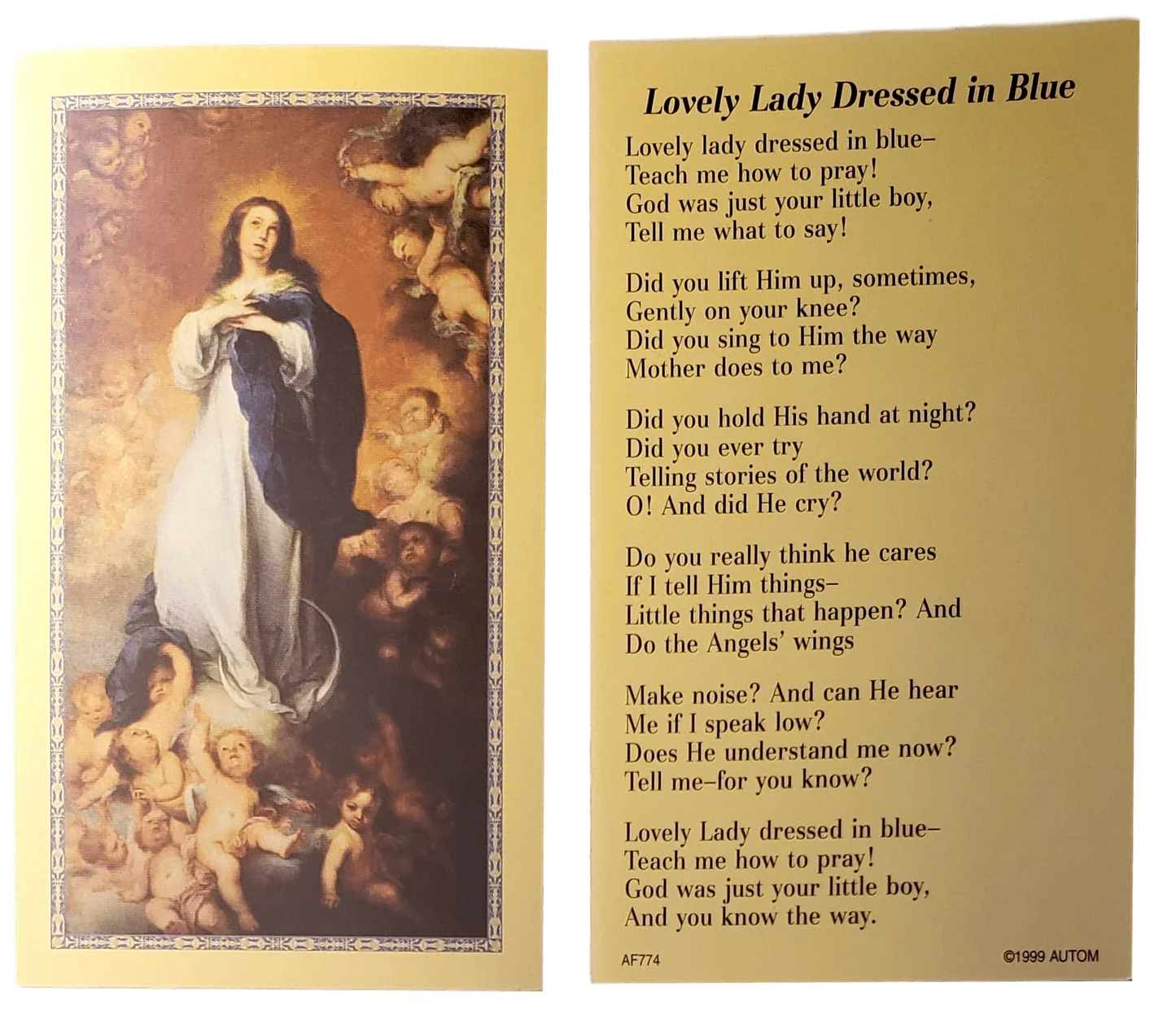 Prayer Card Lovely Lady Dressed In Blue No Laminated AF - Ysleta Mission Gift Shop
