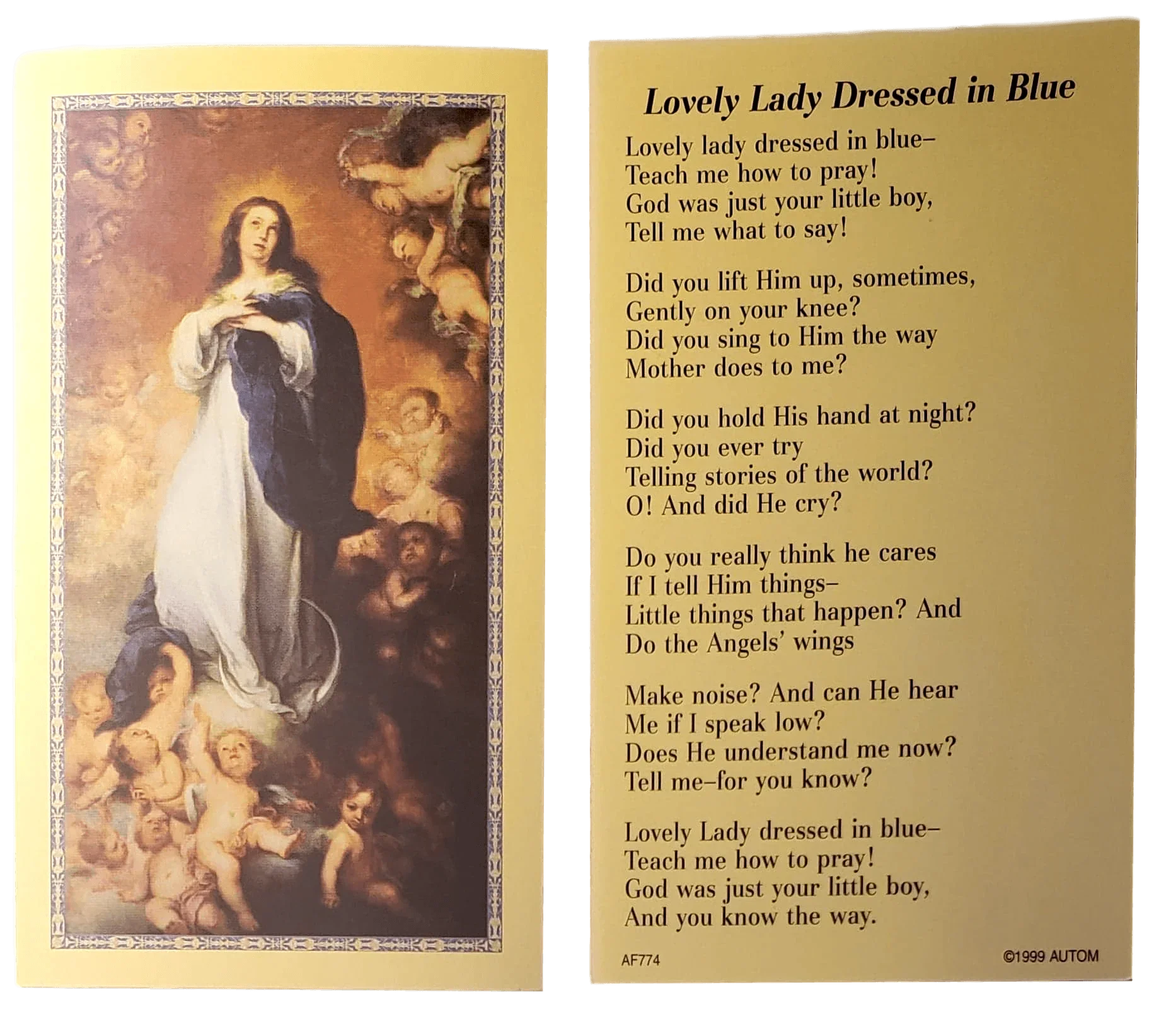 Prayer Card Lovely Lady Dressed In Blue No Laminated AF - Ysleta Mission Gift Shop
