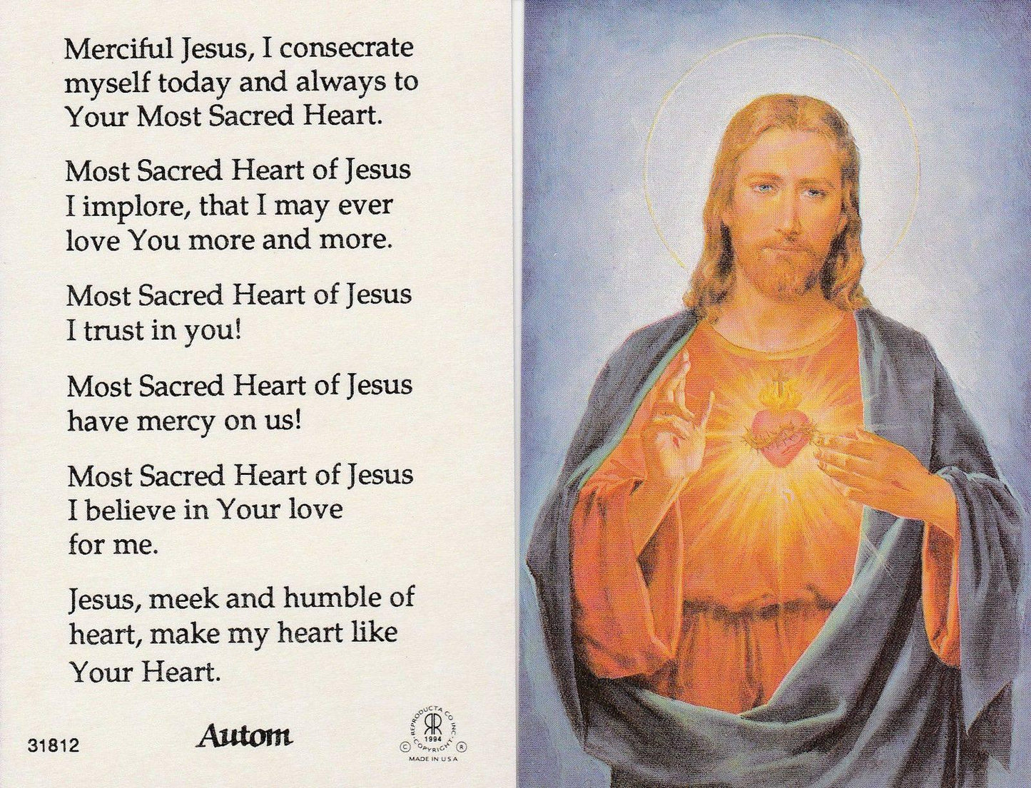 Prayer Card Merciful Jesus I Consecrate Myself Today And Always To Your Most Sacred Heart Laminated - Ysleta Mission Gift Shop
