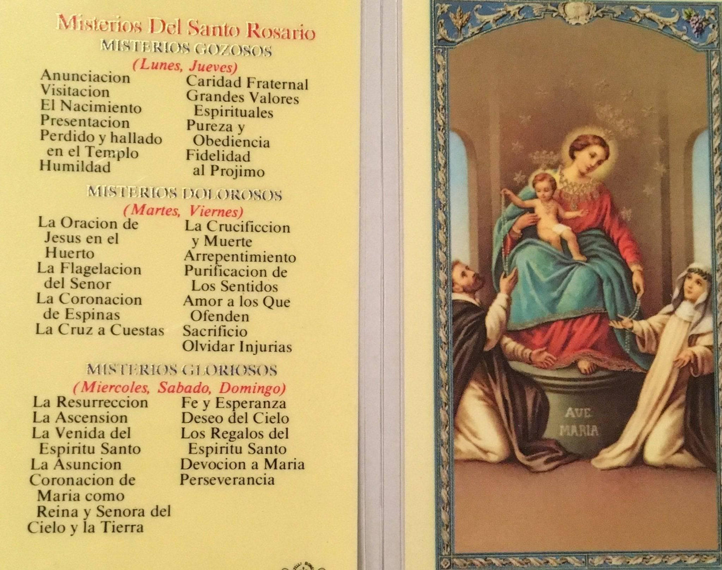 Prayer Card Misterios Del Santo Rosario Misteriso Gozosos SPANISH Laminated - Ysleta Mission Gift Shop