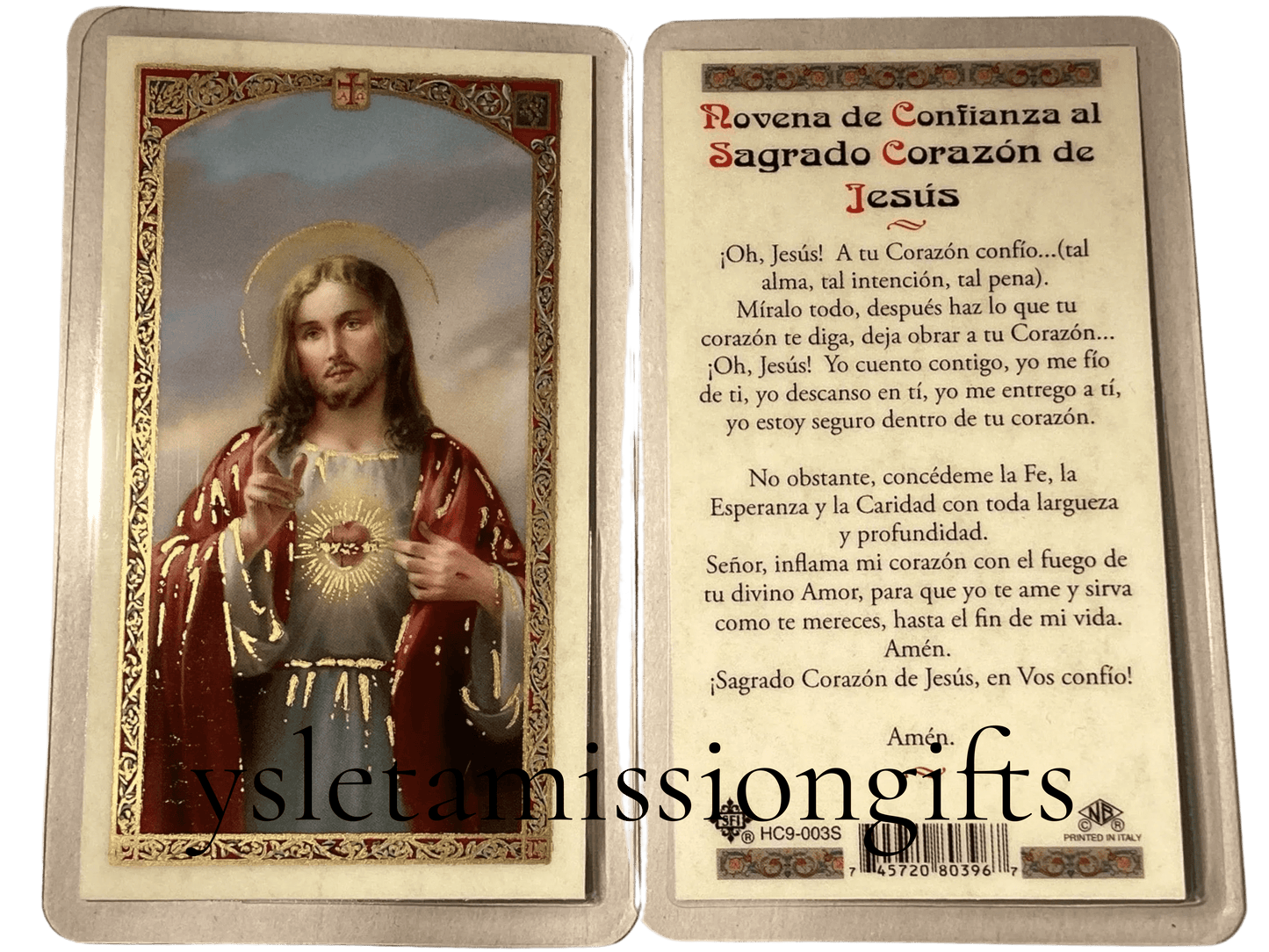 Laminated Catholic prayer card featuring Novena de Confianza al Sagrado Corazón de Jesús in Spanish, from Ysleta Mission Gift Shop.