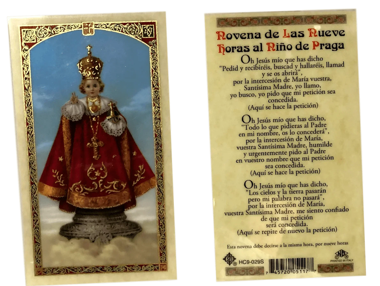 Prayer Card Novena De Las Nueve Horas Al Nino De Praga SPANISH Laminated HC9-029S - Ysleta Mission Gift Shop