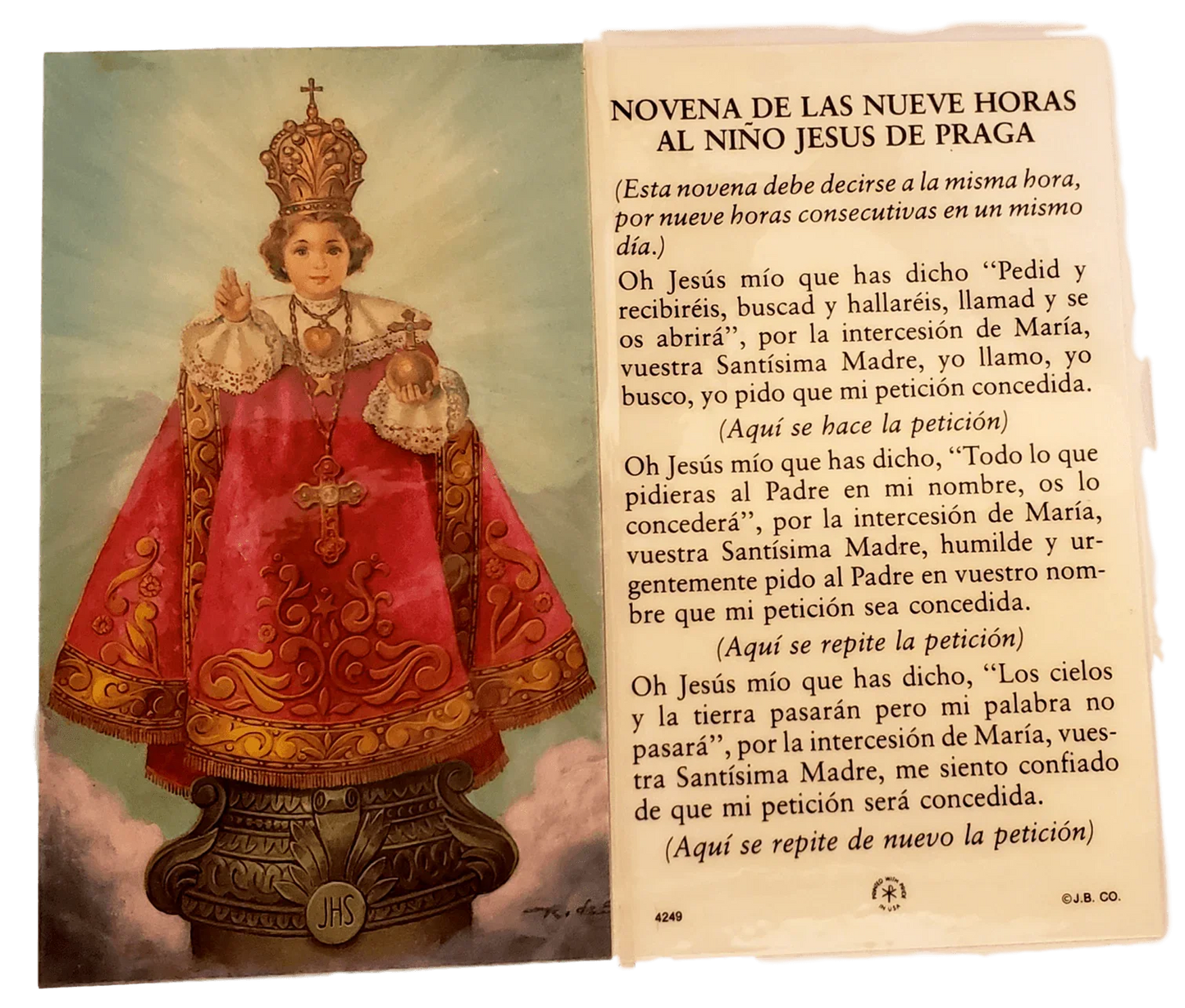 Prayer Card Novena De Las Nueve Horas Al Nino Jesus de Prague SPANISH Laminated - Ysleta Mission Gift Shop