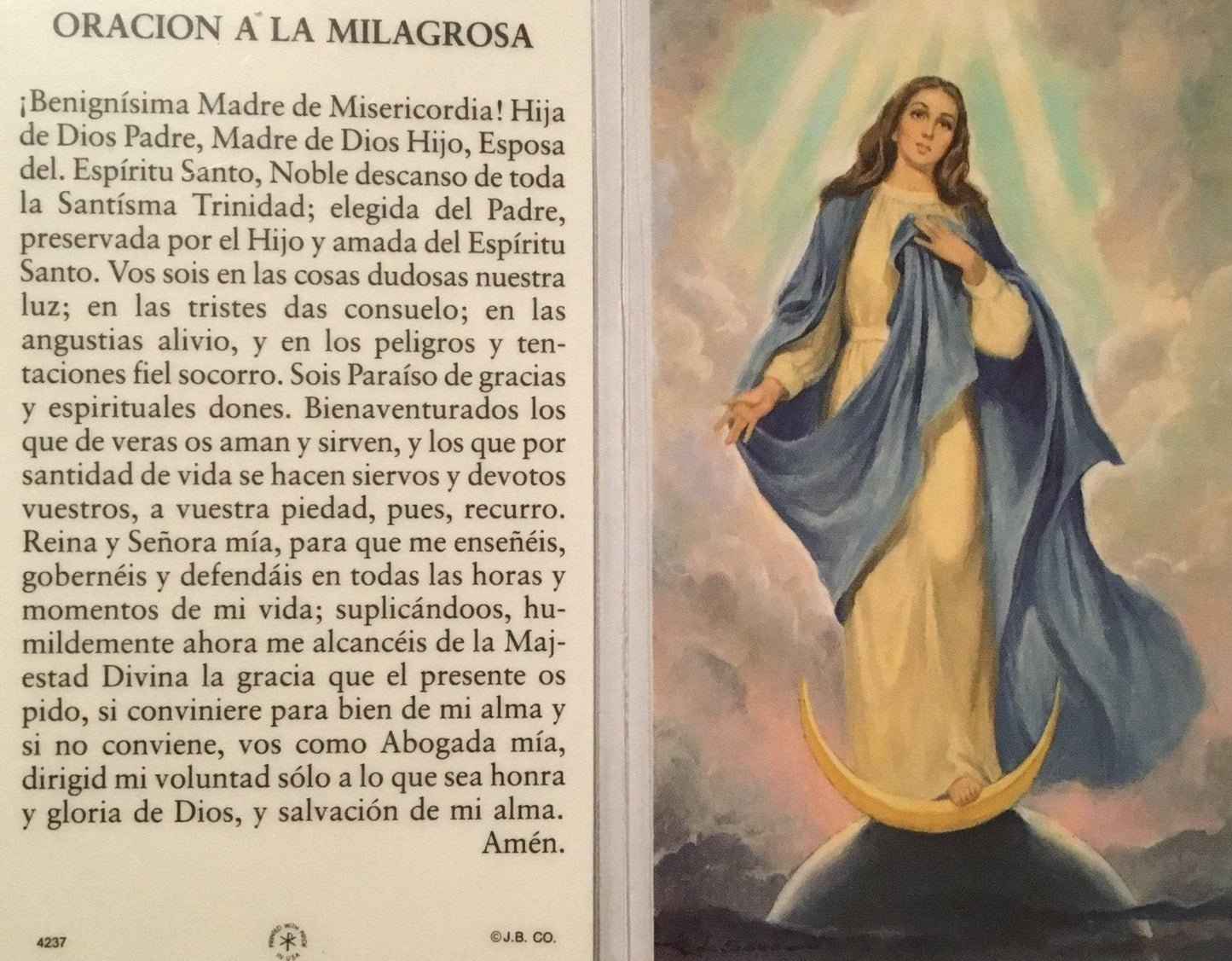 Prayer Card Oracion A La Milagrosa Benignisima Madre De Misericordia SPANISH Laminated - Ysleta Mission Gift Shop