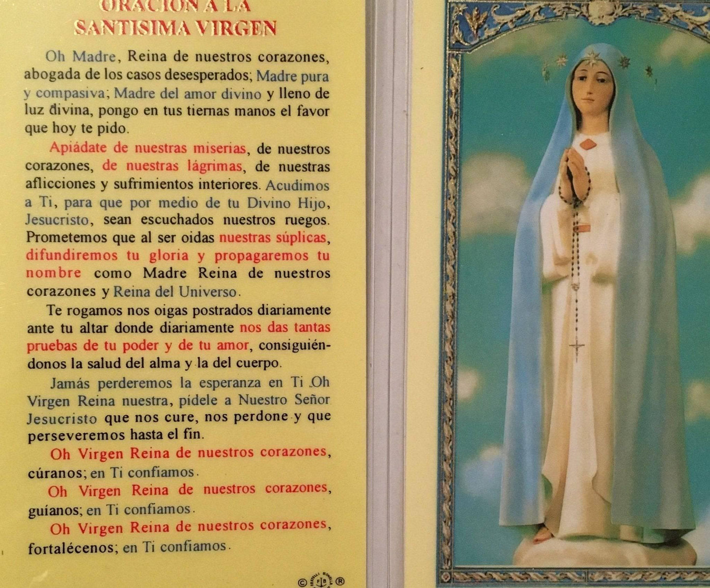 Prayer Card Oracion A La Santisima Virgen SPANISH Laminated - Ysleta Mission Gift Shop