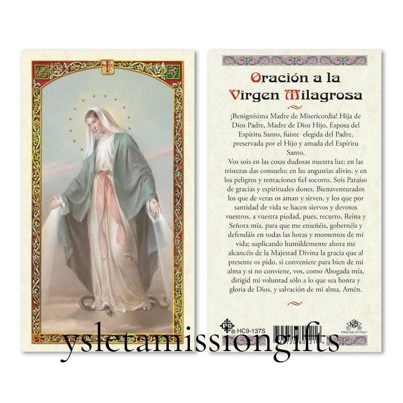 Laminated prayer card featuring the Virgin of Miracles, part of Catholic Christian gift collection, with religious imagery and prayers.