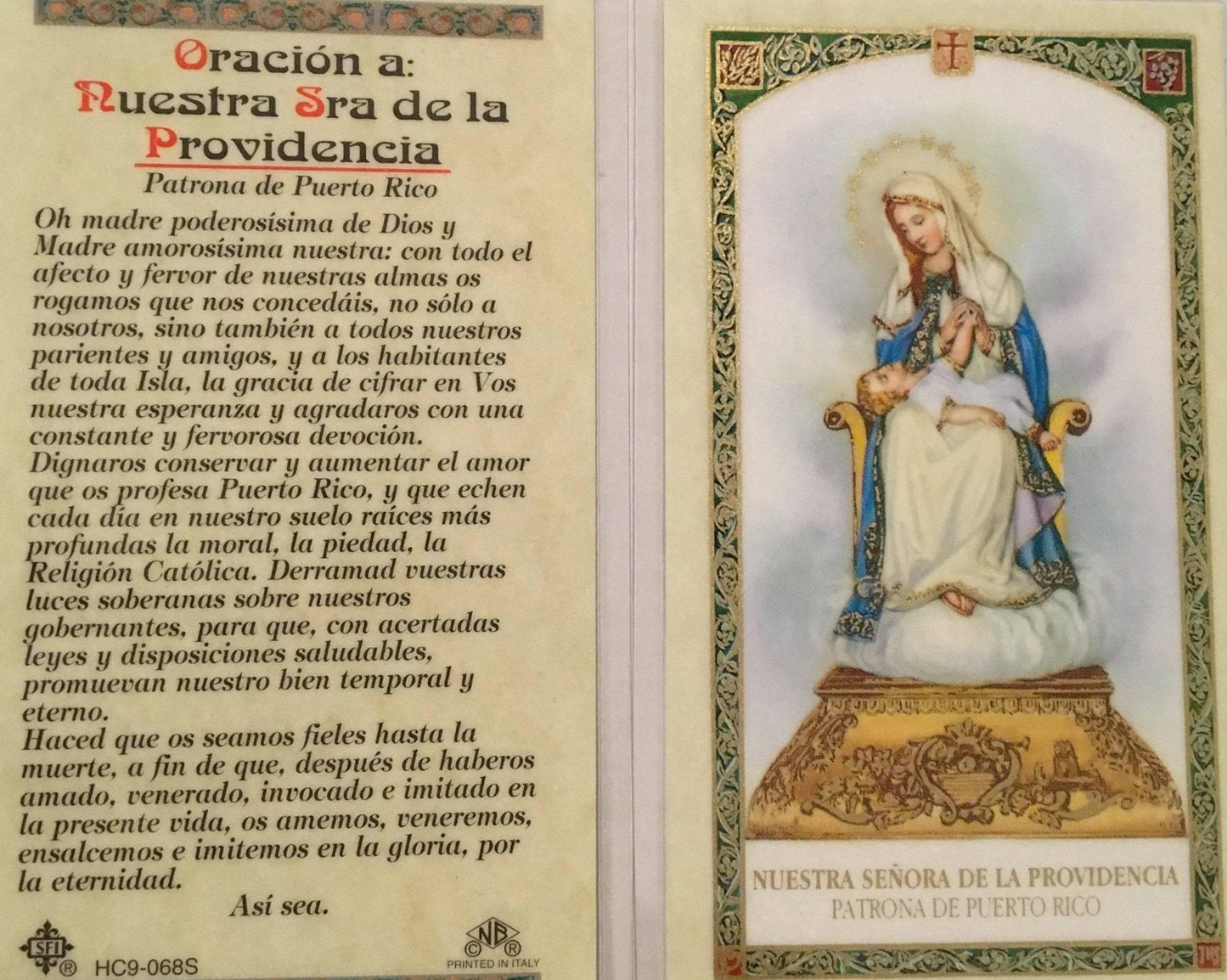 Prayer Card Oracion A Nuestra Senora De La Providencia Patrona De Puerto Rico SPANISH Laminated HC9-068S - Ysleta Mission Gift Shop