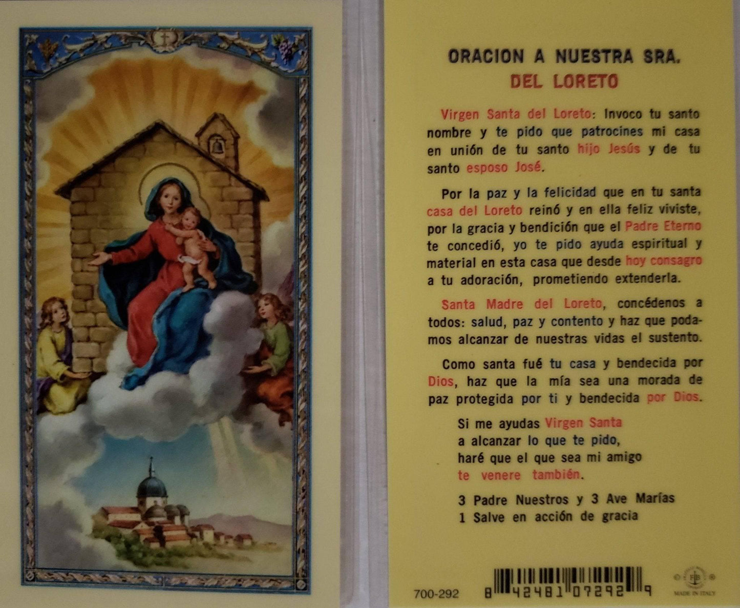 Prayer Card Oracion A Nuestra Senora Del Loreto SPANISH Laminated - Ysleta Mission Gift Shop