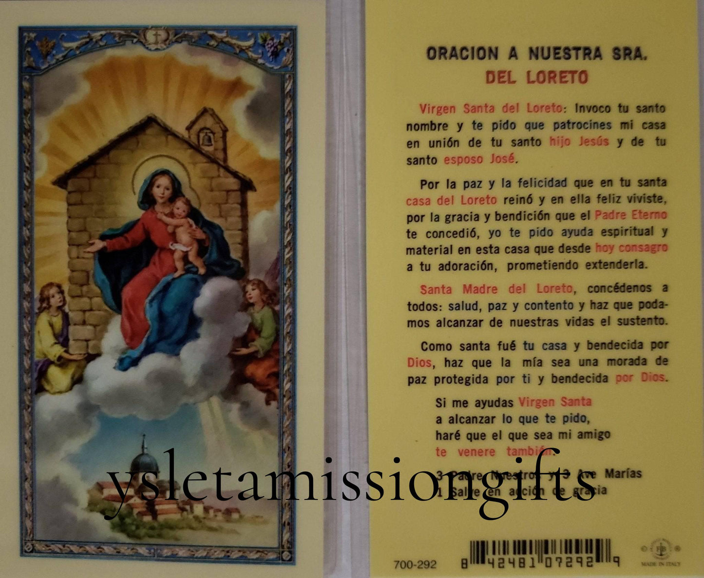 Prayer Card Oracion A Nuestra Senora Del Loreto SPANISH Laminated - Ysleta Mission Gift Shop