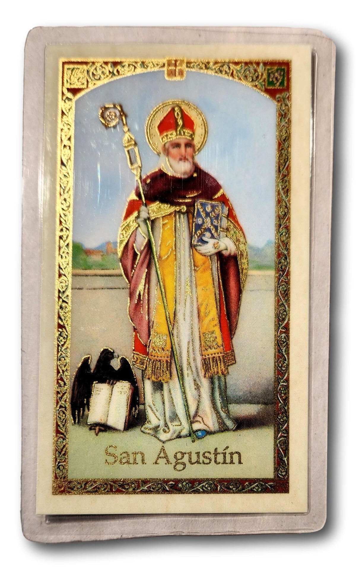 Laminated Spanish prayer card of Oracion a San Agustin, Catholic Christian prayer card, featuring religious text and San Agustin image.