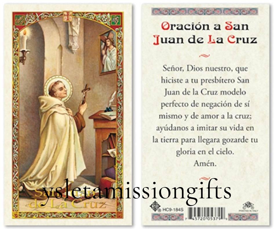 Laminated prayer card featuring Oracion a San Juan de la Cruz in Spanish, Catholic Christian gift, by Ysleta Mission Gift Shop.