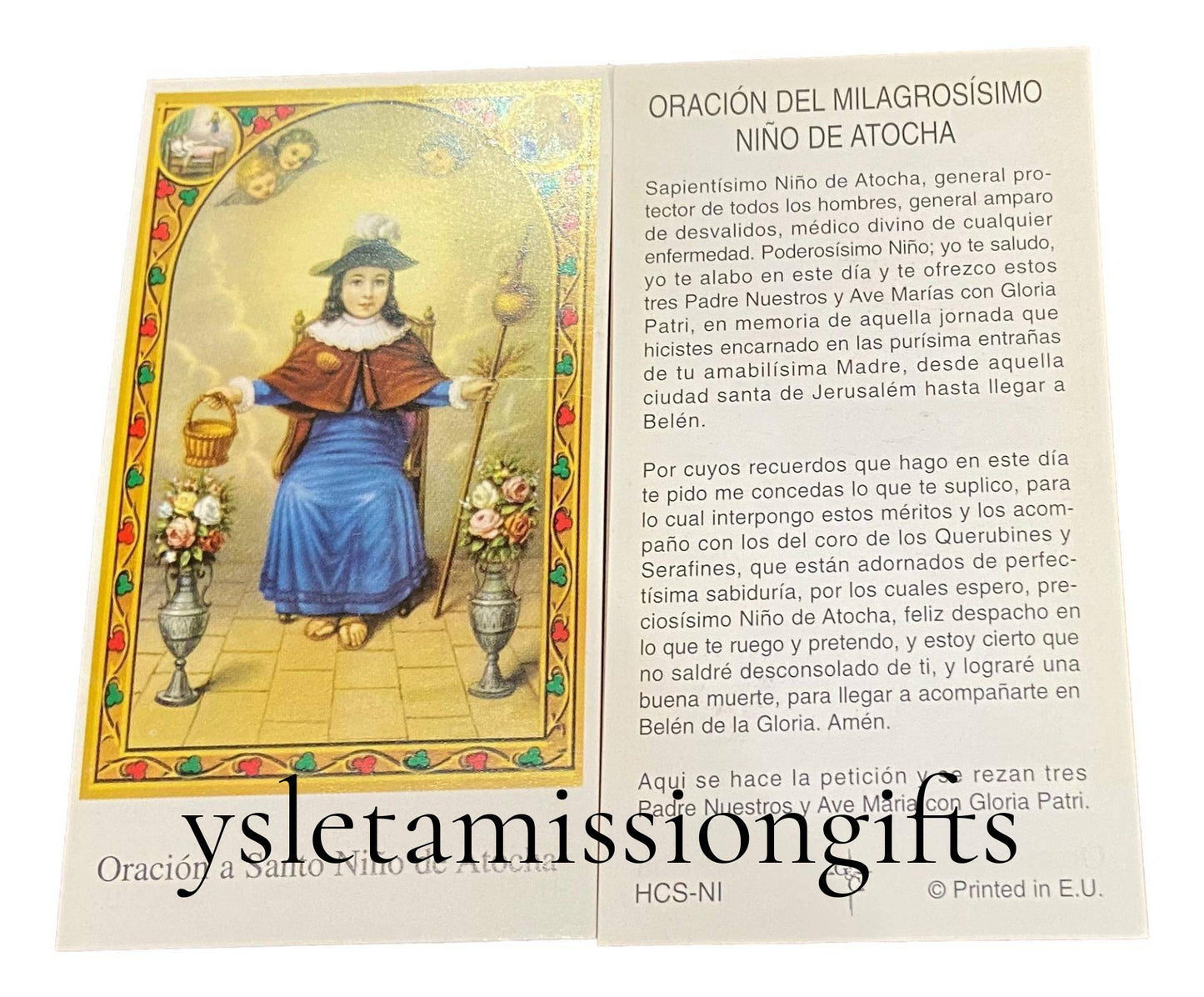 Catholic prayer card featuring Santo Niño de Atocha, Spanish text, non-laminated, ideal for Christian gift and devotion.