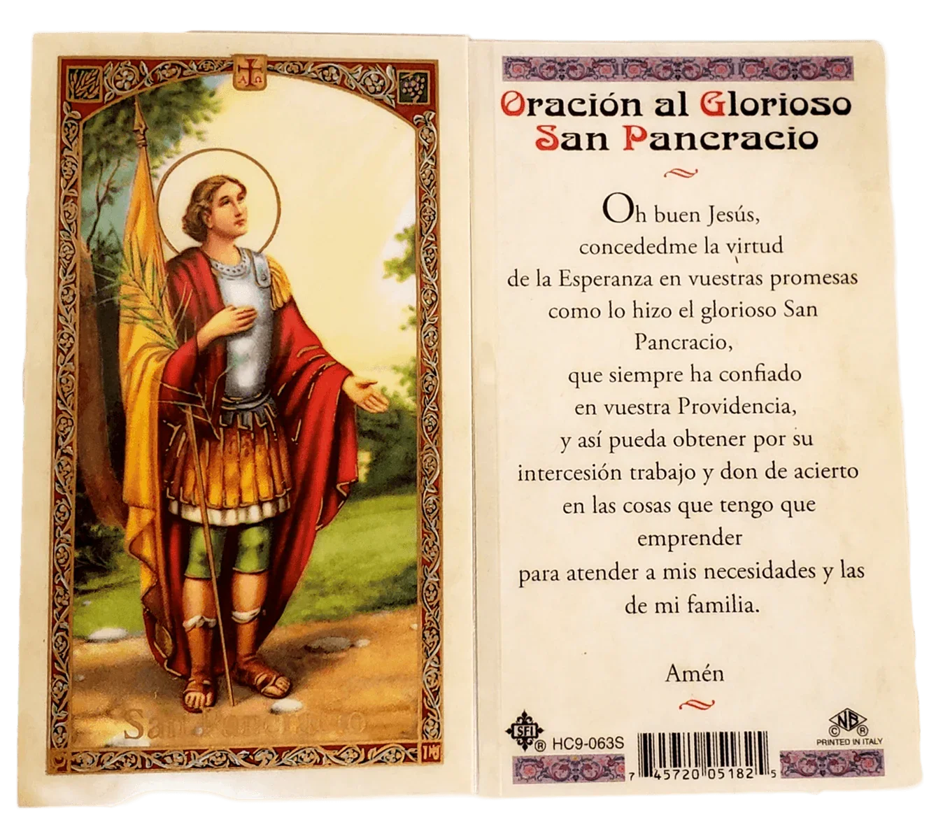 Prayer Card Oracion Al Glorioso San Pancracio SPANISH Laminated HC9-063S - Ysleta Mission Gift Shop