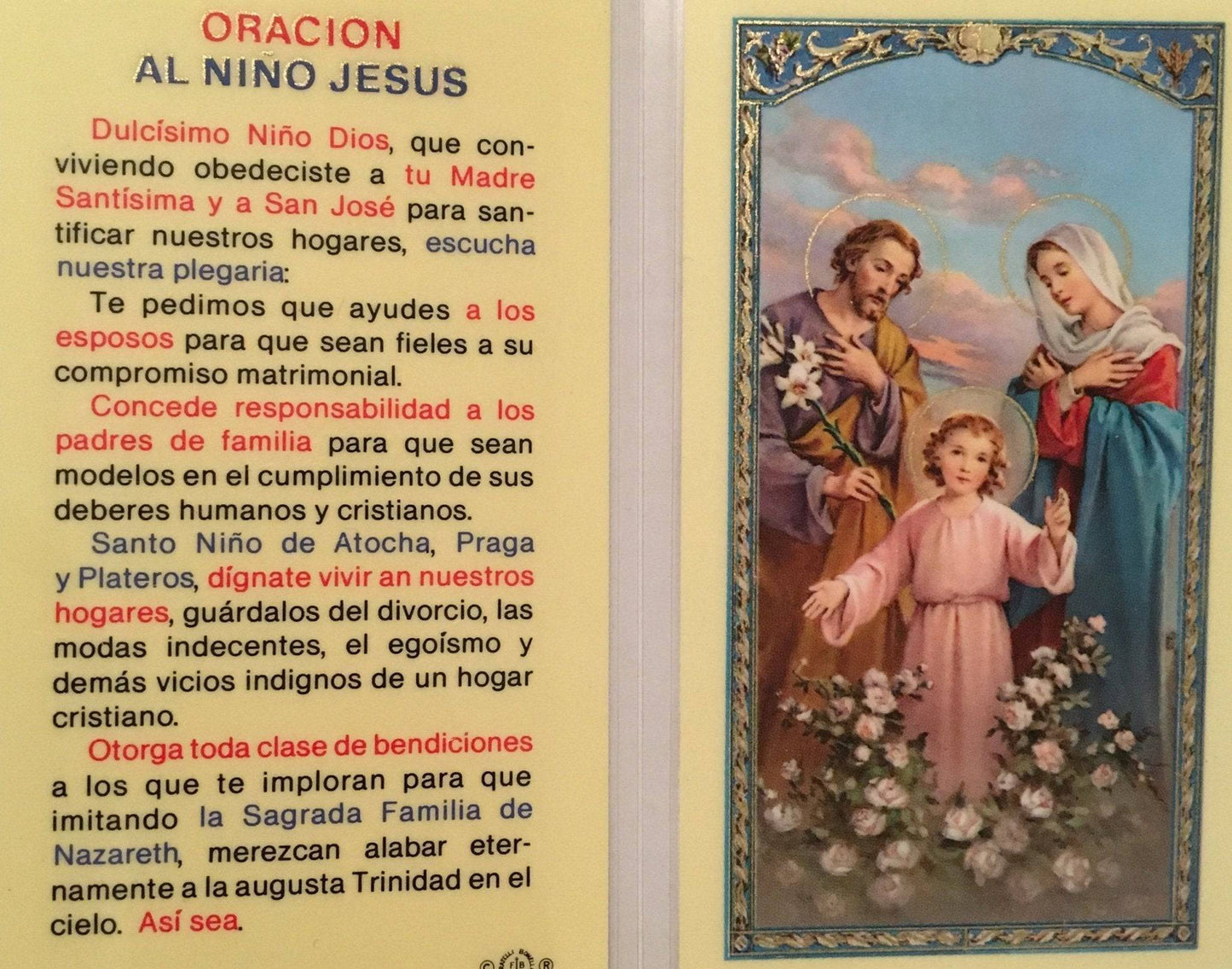 Prayer Card Oracion Al Nino Jesus Laminated - Ysleta Mission Gift Shop
