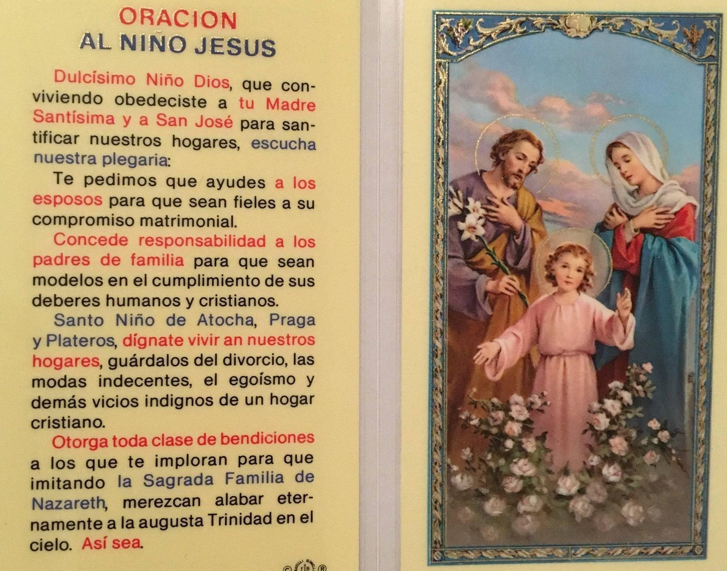 Prayer Card Oracion Al Nino Jesus Laminated - Ysleta Mission Gift Shop